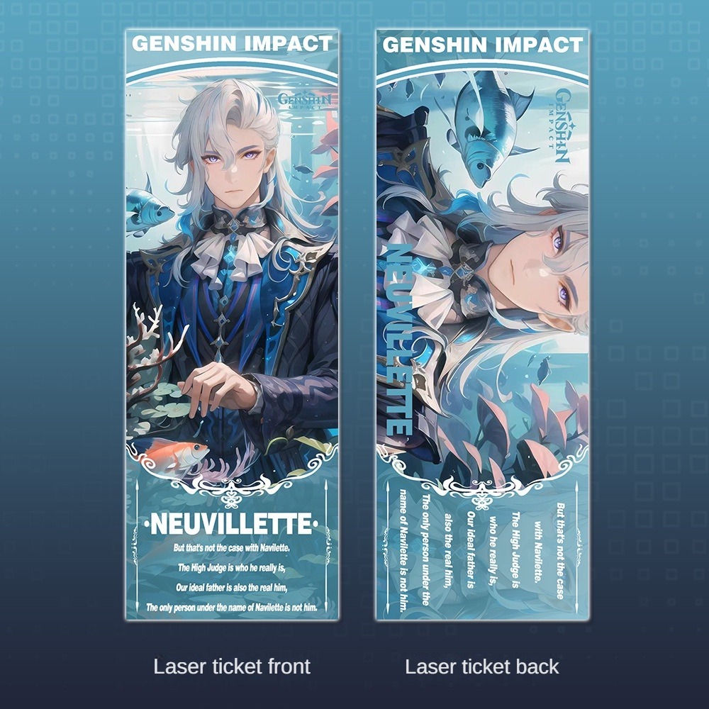 Genshin Impact Bộ Quà Tặng gồm Chìa khóa Keychain Badge, Thẻ nhỏ Mini Card, Bưu thiếp Postcard và Vé laze Laser Ticket Neuvillette TKXQ1