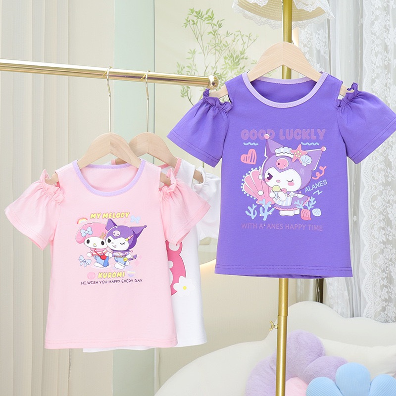 Mới Áo Thun cotton Thiết Kế Hở Vai Phong Cách kuromi Hàn Quốc Dễ Thương Dành Cho Bé Gái
