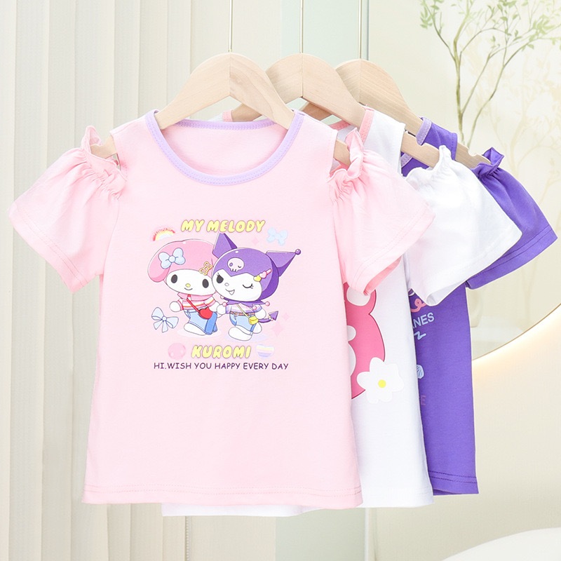 Mới Áo Thun cotton Thiết Kế Hở Vai Phong Cách kuromi Hàn Quốc Dễ Thương Dành Cho Bé Gái