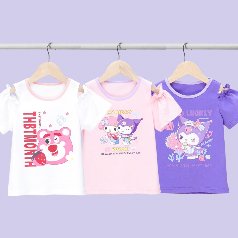 Mới Áo Thun cotton Thiết Kế Hở Vai Phong Cách kuromi Hàn Quốc Dễ Thương Dành Cho Bé Gái