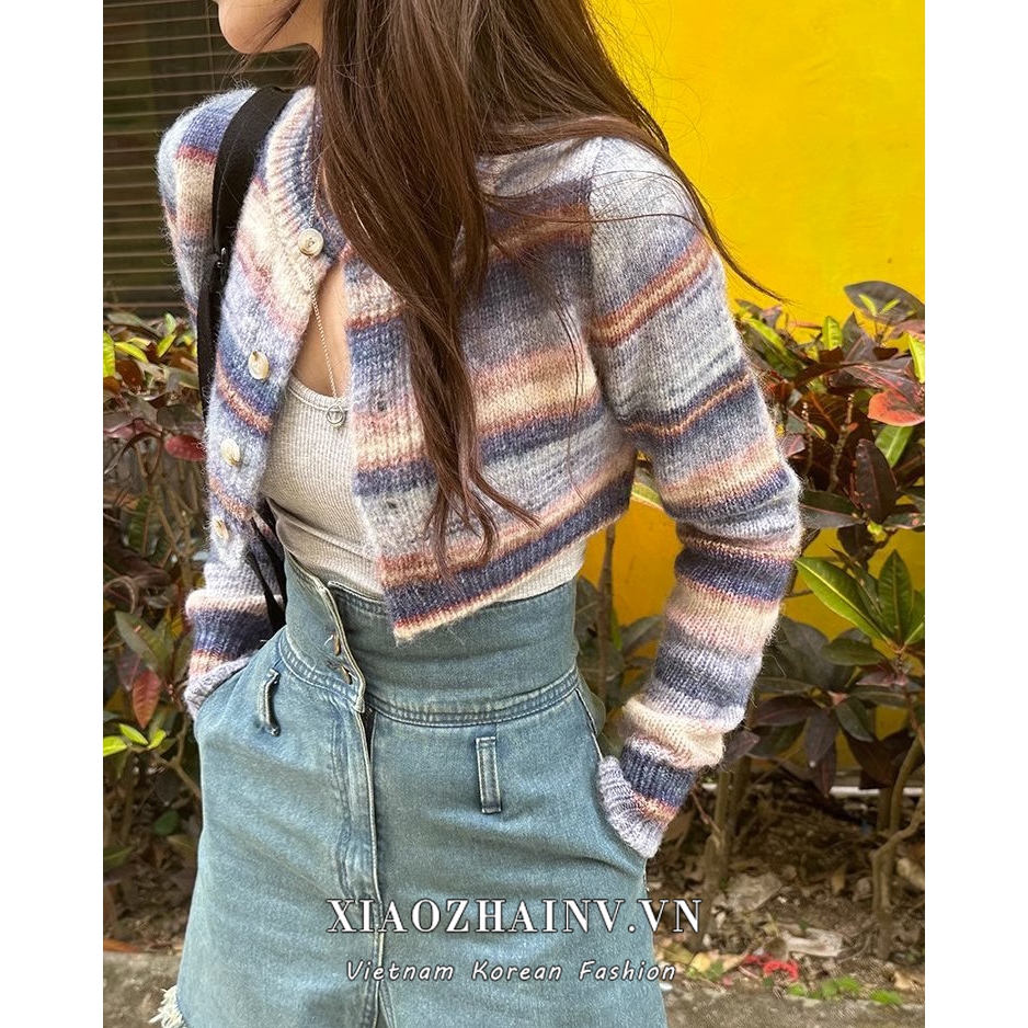 Xiaozhainv Áo Khoác cardigan Dệt Kim Tay Dài Họa Tiết Kẻ Sọc Phong Cách vintage Hàn Quốc