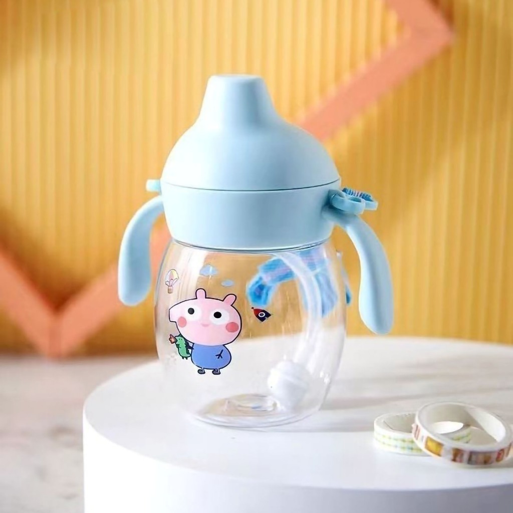 Bình nước Tay cầm đôi Cốc rơm bằng nhựa 340ml có dây đeo cho trẻ em Trẻ sơ sinh