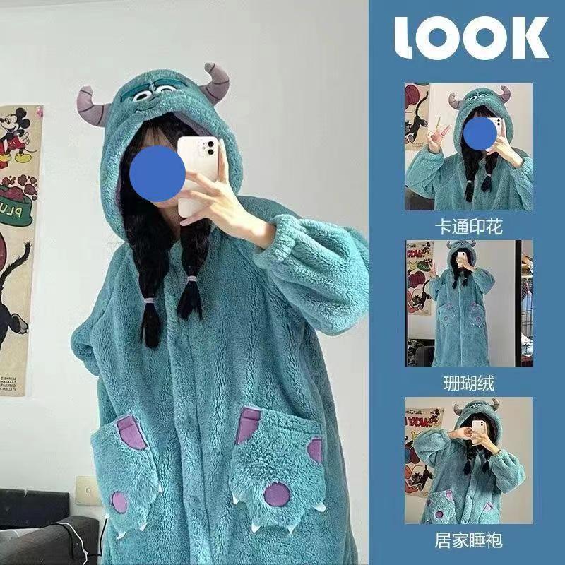❤️❤️ Đầm Ngủ Lông Cừu San Hô Dày Dặn In Hình Khủng Long Hoạt Hình Dễ Thương Cho Cặp Đôi