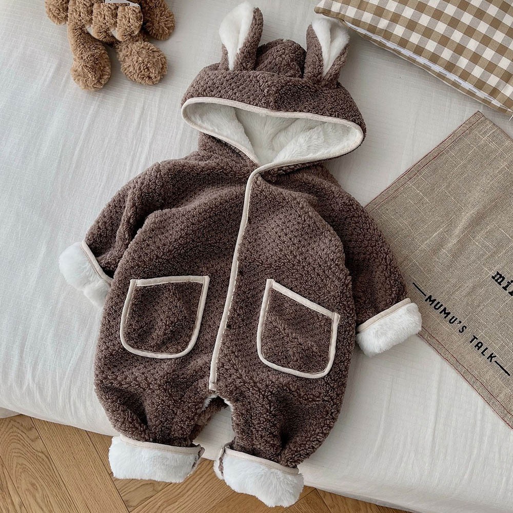 Bộ Áo Liền Quần Tay Dài Có Nón Bằng Lông Cừu Dày Giữ Ấm Mùa Đông Dành Cho Trẻ Sơ Sinh