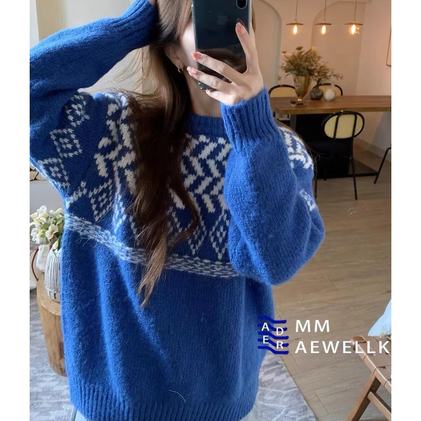 Mới Áo sweater Dệt Kim Dáng Rộng Màu Xanh Dương Thời Trang Thu Đông Cho Nam Và Nữ
