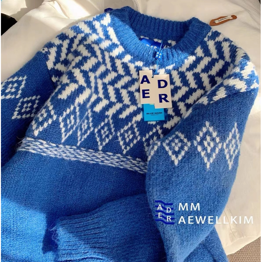 Mới Áo sweater Dệt Kim Dáng Rộng Màu Xanh Dương Thời Trang Thu Đông Cho Nam Và Nữ