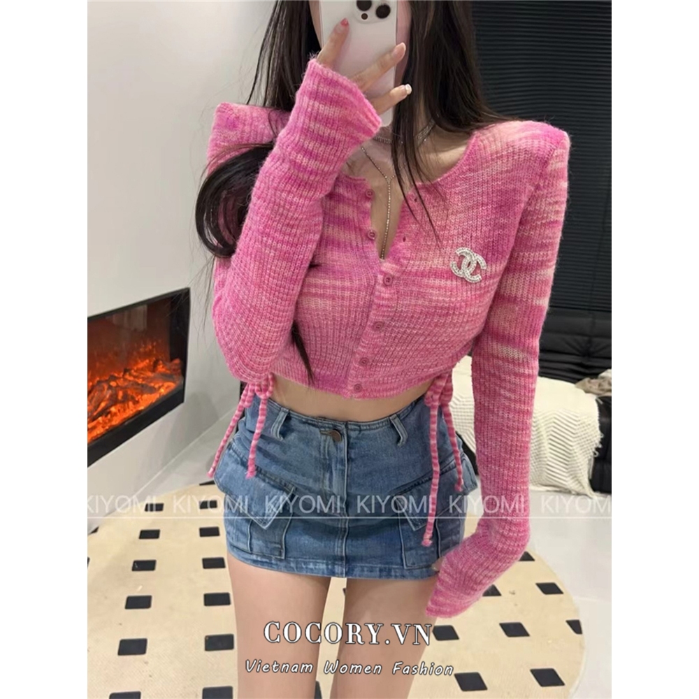 Cocory vn Áo Khoác cardigan Dệt Kim Tay Dài Dáng Ôm Có Dây Rút Phong Cách Hàn Quốc Thời Trang Cho Nữ y2k