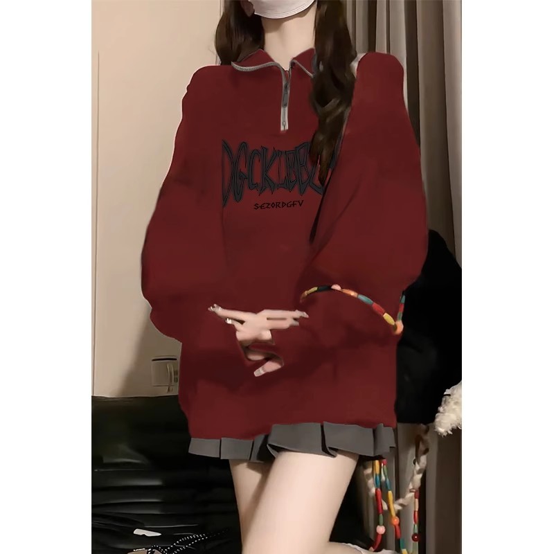 Áo Nỉ Tay Dài Có Khóa Kéo In Chữ Màu Đỏ Rượu Vang Phong Cách Hàn Quốc Thời Trang Mùa Thu Cho Nữ
