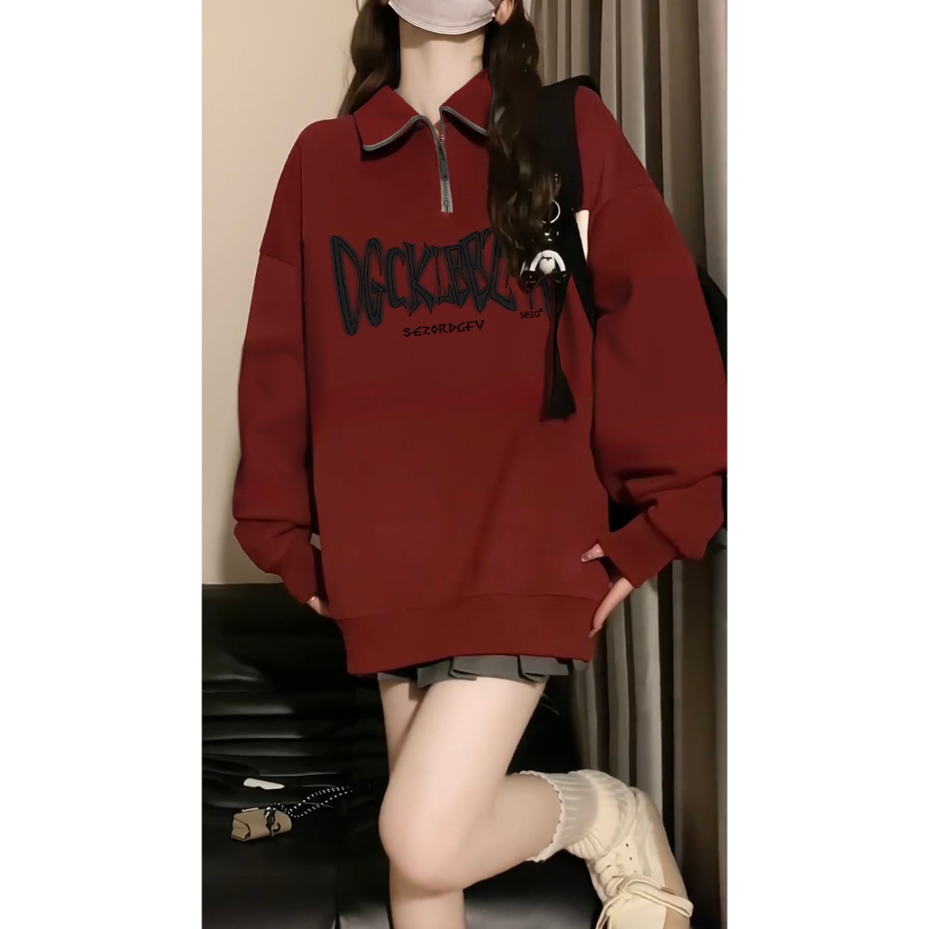 Áo Nỉ Tay Dài Có Khóa Kéo In Chữ Màu Đỏ Rượu Vang Phong Cách Hàn Quốc Thời Trang Mùa Thu Cho Nữ