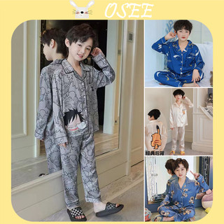 Bộ Đồ Ngủ Tay Dài Vải Lụa Lạnh Mỏng Cỡ Vừa 90-170cm Thời Trang Xuân Thu Cho Bé Trai