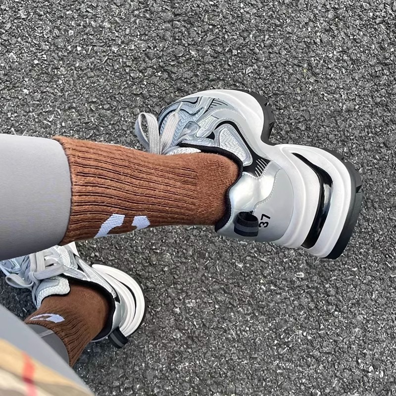 Giày Thể Thao Da Đế Dày Buộc Dây Phối Lưới Màu Bạc Thời Trang Thu Đông 2023