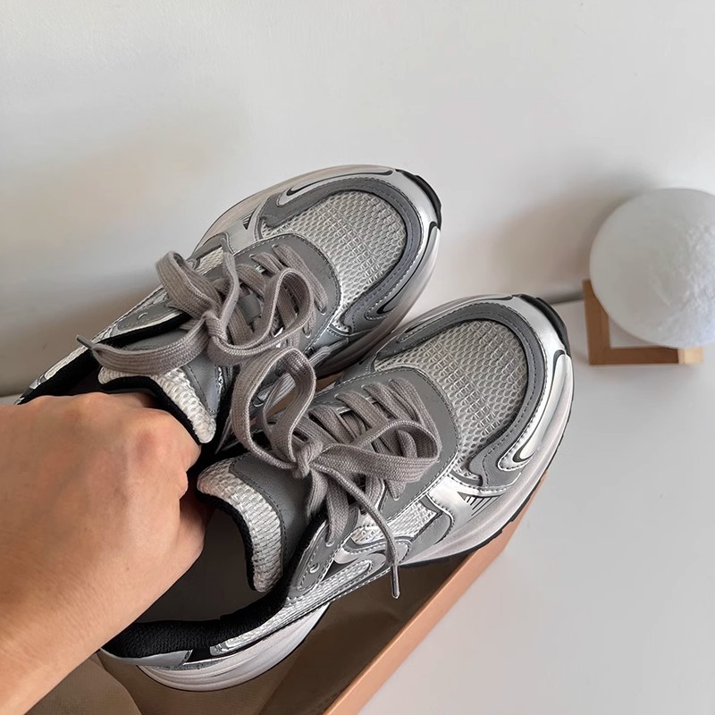 Giày Thể Thao Da Đế Dày Buộc Dây Phối Lưới Màu Bạc Thời Trang Thu Đông 2023