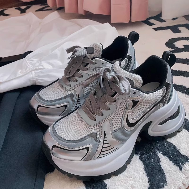 Giày Thể Thao Da Đế Dày Buộc Dây Phối Lưới Màu Bạc Thời Trang Thu Đông 2023
