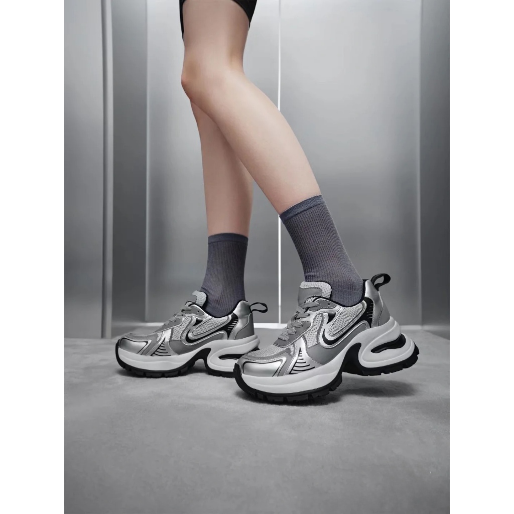 Giày Thể Thao Da Đế Dày Buộc Dây Phối Lưới Màu Bạc Thời Trang Thu Đông 2023
