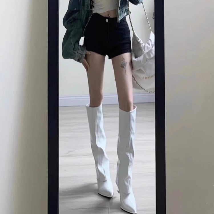 Giày Bốt Cao Gót Mũi Nhọn Cao Đến Đầu Gối Có Khóa Kéo Bên Hông Phong Cách Âu Mỹ