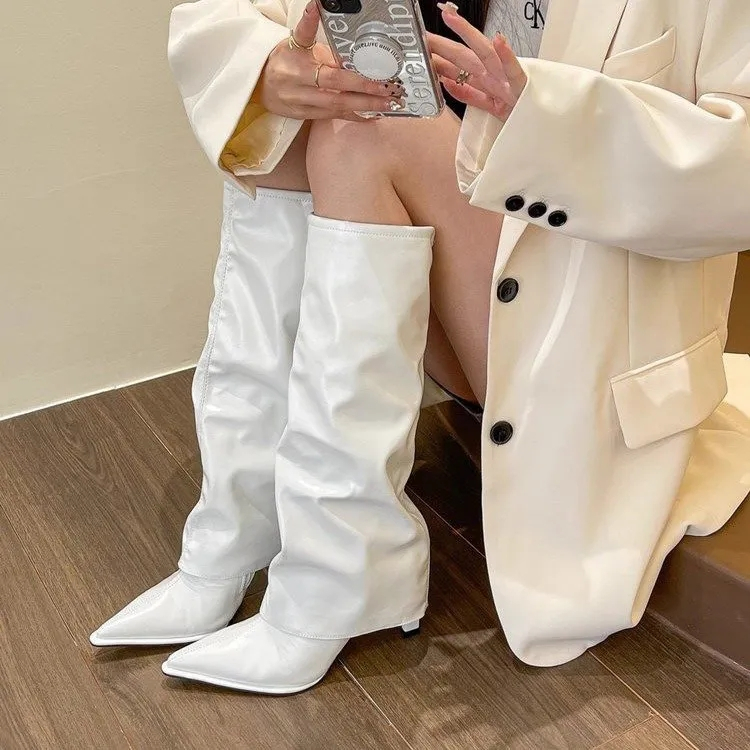 Giày Bốt Cao Gót Mũi Nhọn Cao Đến Đầu Gối Có Khóa Kéo Bên Hông Phong Cách Âu Mỹ