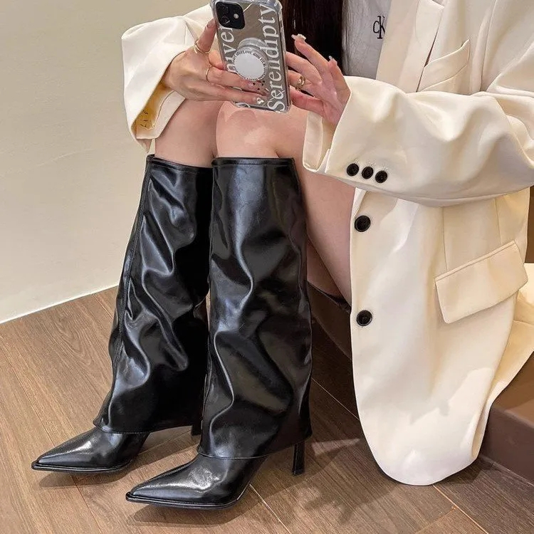 Giày Bốt Cao Gót Mũi Nhọn Cao Đến Đầu Gối Có Khóa Kéo Bên Hông Phong Cách Âu Mỹ