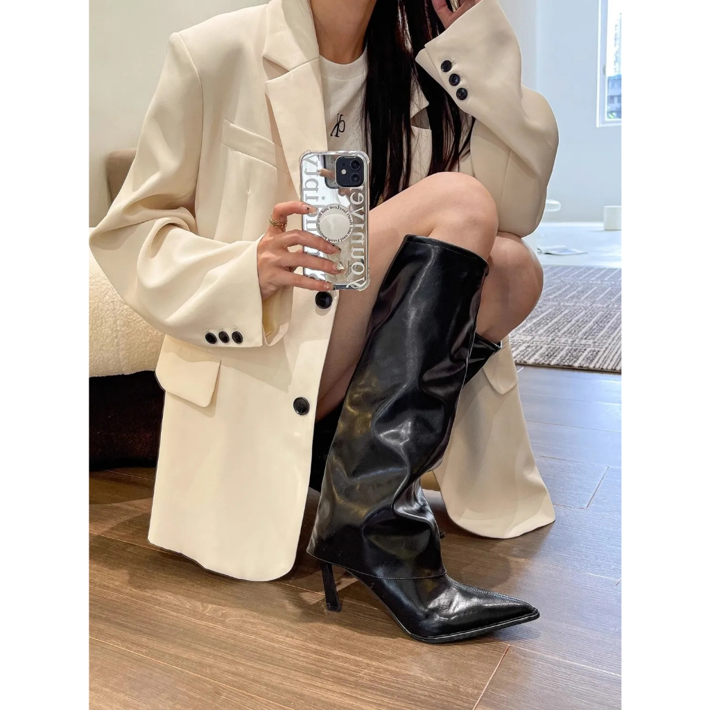 Giày Bốt Cao Gót Mũi Nhọn Cao Đến Đầu Gối Có Khóa Kéo Bên Hông Phong Cách Âu Mỹ