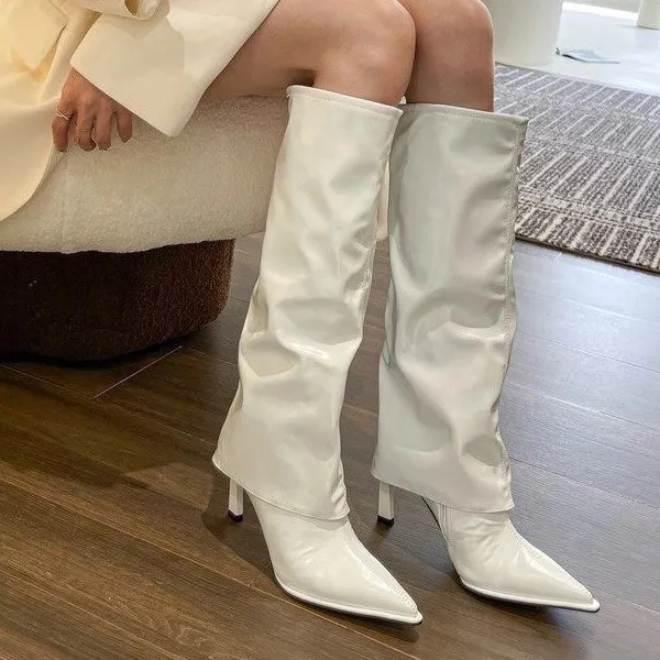 Giày Bốt Cao Gót Mũi Nhọn Cao Đến Đầu Gối Có Khóa Kéo Bên Hông Phong Cách Âu Mỹ