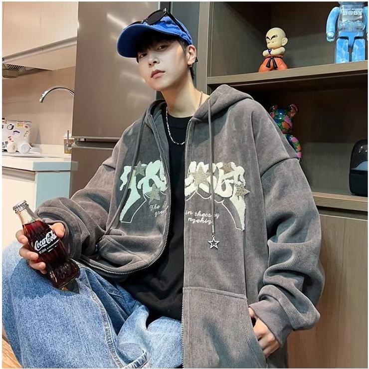 PAULWEEKEND Áo Khoác Nam Vải Nhung Kẻ Sọc Phong Cách hip hop Đường Phố