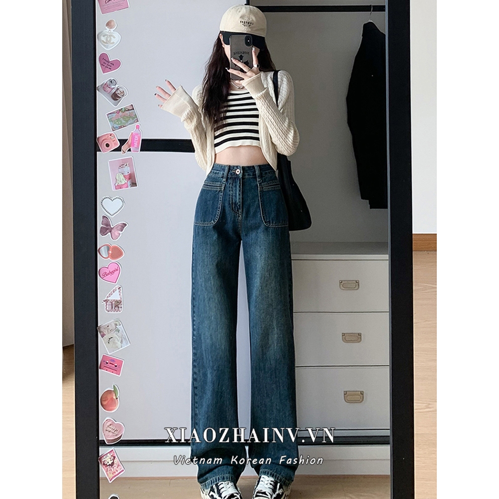 Xiaozhainv Quần jeans Nữ Lưng Cao Ống Rộng Phong Cách vintage Hàn Quốc