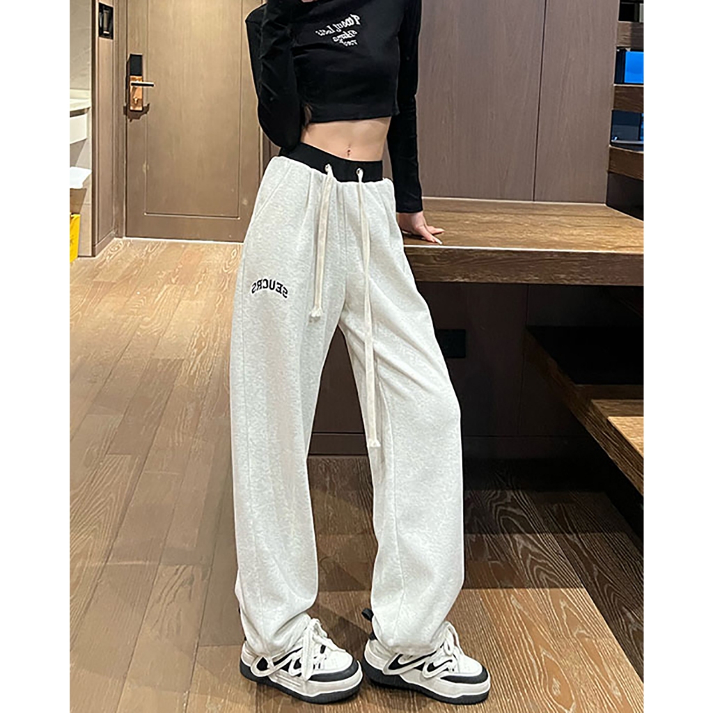 Quần Thể Thao Ống Rộng Lưng Cao Màu Xám Thời Trang Xuân Thu Cho Nữ