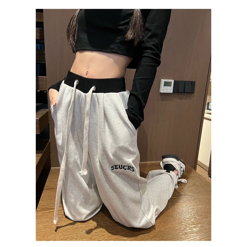 Quần Thể Thao Ống Rộng Lưng Cao Màu Xám Thời Trang Xuân Thu Cho Nữ