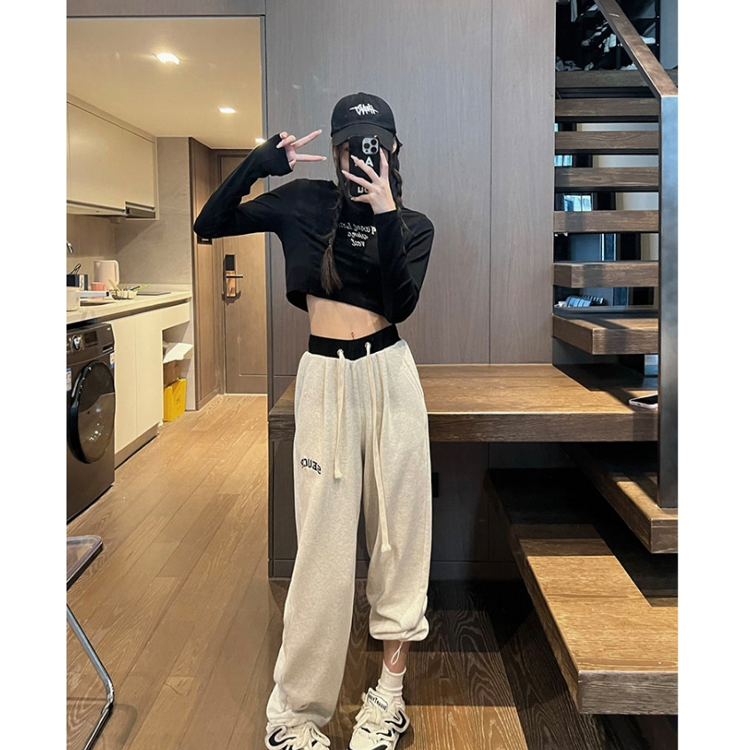 Quần Thể Thao Ống Rộng Lưng Cao Màu Xám Thời Trang Xuân Thu Cho Nữ