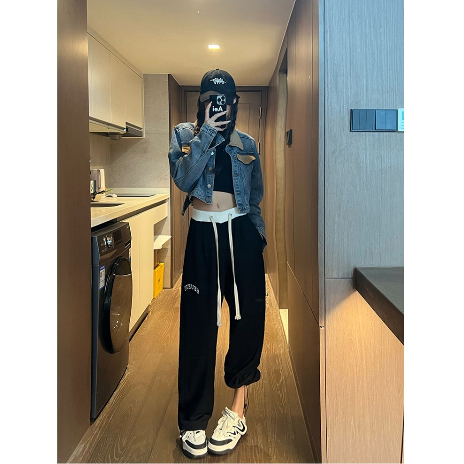 Quần Thể Thao Ống Rộng Lưng Cao Màu Xám Thời Trang Xuân Thu Cho Nữ