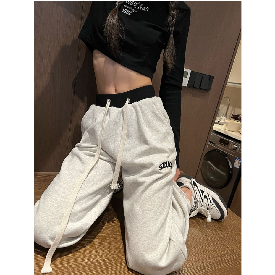 Quần Thể Thao Ống Rộng Lưng Cao Màu Xám Thời Trang Xuân Thu Cho Nữ