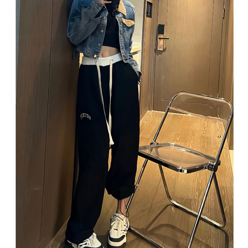 Quần Thể Thao Ống Rộng Lưng Cao Màu Xám Thời Trang Xuân Thu Cho Nữ