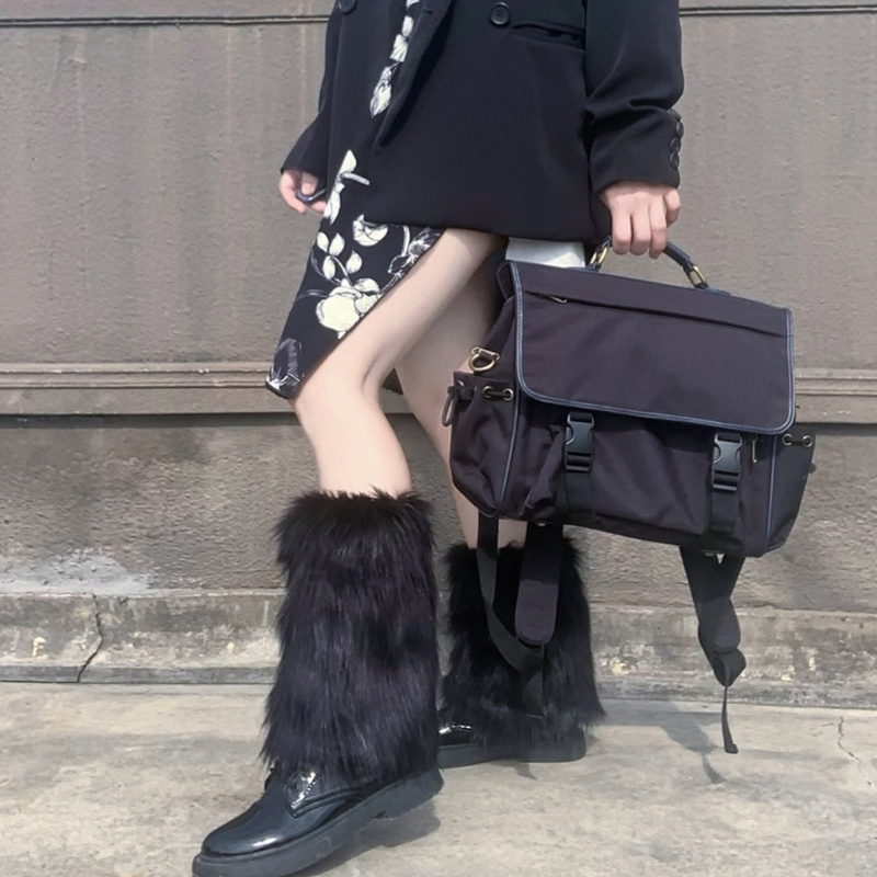 ✿ Vớ Ống Chân Phối Lông Xù Màu Trơn Phong Cách Gothic Harajuku Giữ Ấm Mùa Đông Cho Nữ