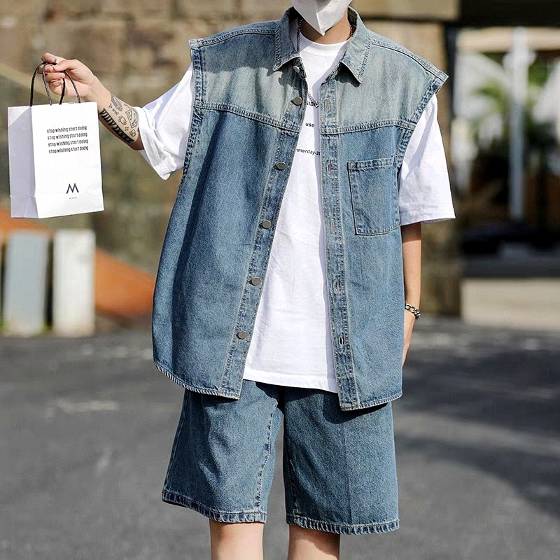 Áo denim Sát Nách Màu gradient Phong Cách harajuku Nhật Bản Thời Trang Cho Nam Và Nữ