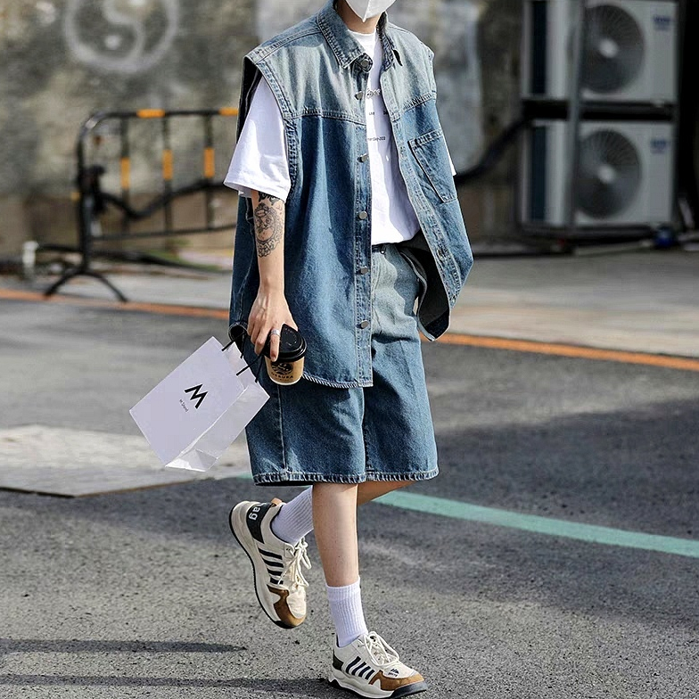 Áo denim Sát Nách Màu gradient Phong Cách harajuku Nhật Bản Thời Trang Cho Nam Và Nữ