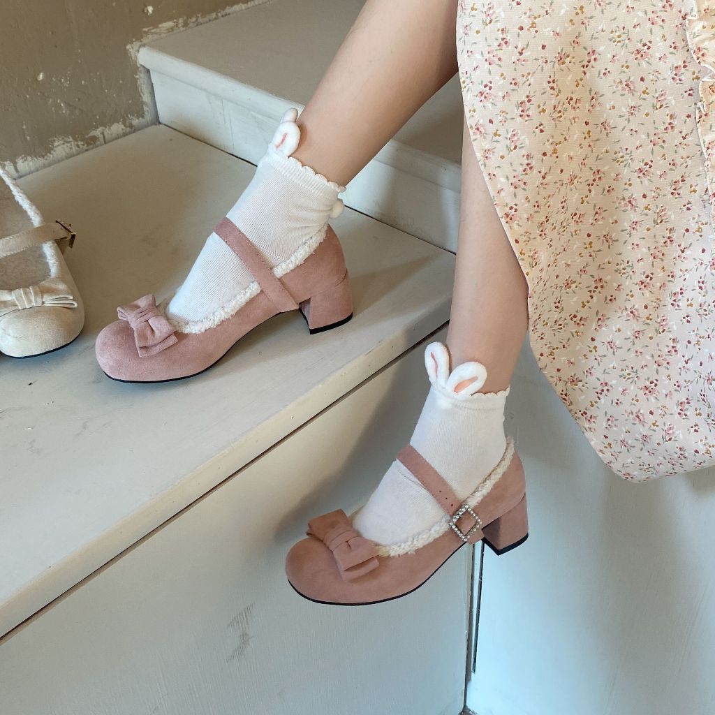 Giày Cao Gót lolita Bằng Len Lông Cừu Phối Nhung Dễ Thương Thời Trang Thu Đông 2023