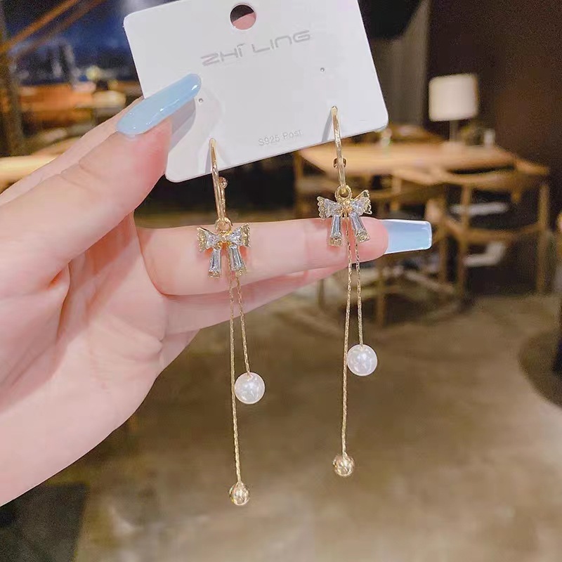 Thời Trang Bông Tai Mạ Bạc 925 Hình Nơ Tua Rua Đính Đá zircon Phong Cách Hàn Quốc
