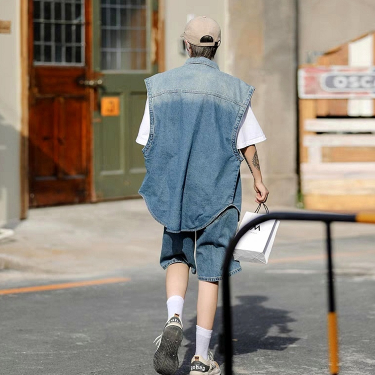 Áo denim Sát Nách Màu gradient Phong Cách harajuku Nhật Bản Thời Trang Cho Nam Và Nữ