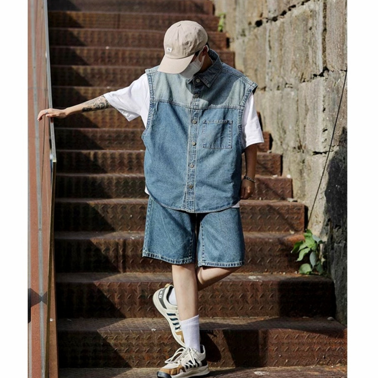 Áo denim Sát Nách Màu gradient Phong Cách harajuku Nhật Bản Thời Trang Cho Nam Và Nữ