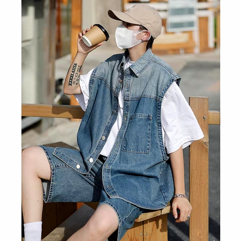 Áo denim Sát Nách Màu gradient Phong Cách harajuku Nhật Bản Thời Trang Cho Nam Và Nữ