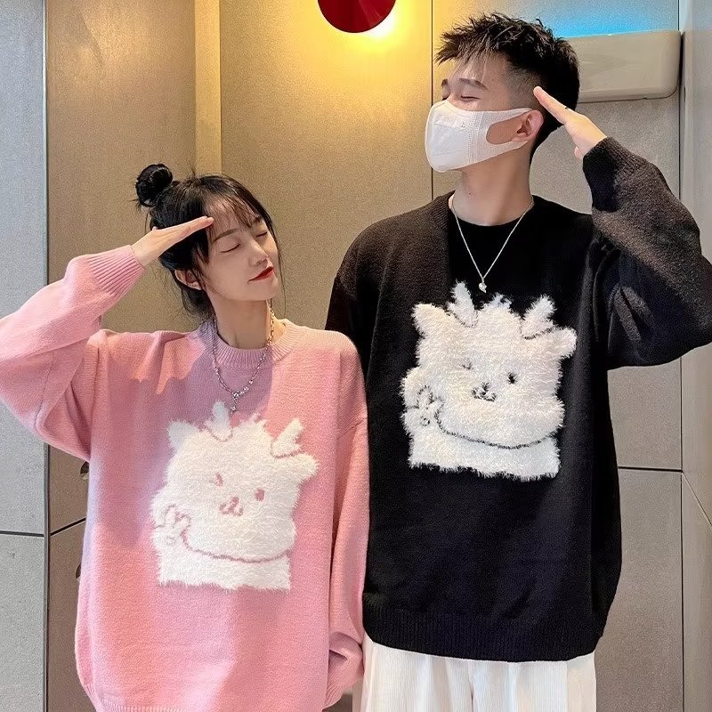 Áo sweater Dáng Rộng cổ tròn dễ thương In Hình Rồng Phong Cách Giáng Sinh áo len bigsize Thời Trang Mùa Đông Mới Cho Cặp Đôi áo len tăm dài tay