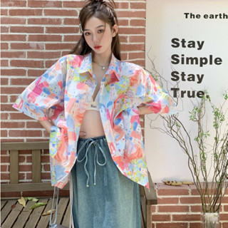 Sweet hot girl graffiti in hình áo sơ mi ngắn tay áo khoác nữ mùa hè dáng rộng giản dị thon gọn xu hướng hàng đầu