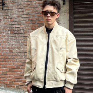 Áo Khoác Da Lộn Phối Túi Khóa Kéo Phong Cách vintage Cho Nam