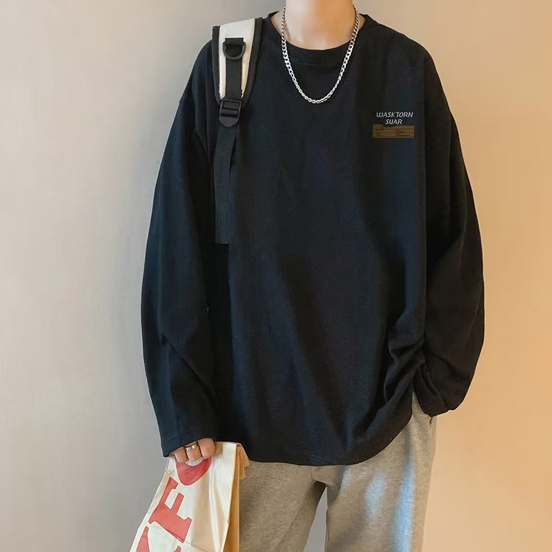 ✦AFFLIGA✦ Áo Thun Tay Dài Cổ Tròn Dáng Rộng In Họa Tiết Đơn Giản Thời Trang Mùa Thu Cho Nam