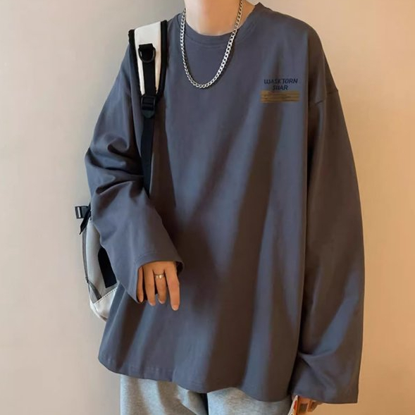 ✦AFFLIGA✦ Áo Thun Tay Dài Cổ Tròn Dáng Rộng In Họa Tiết Đơn Giản Thời Trang Mùa Thu Cho Nam