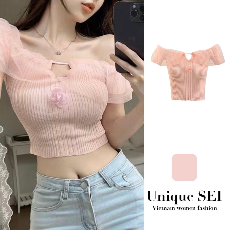 Áo Croptop Dệt Kim Trễ Vai Dáng Ôm Phối Lưới Kiểu Pháp Thời Trang Mùa Hè Ngọt Ngào Cho Nữ