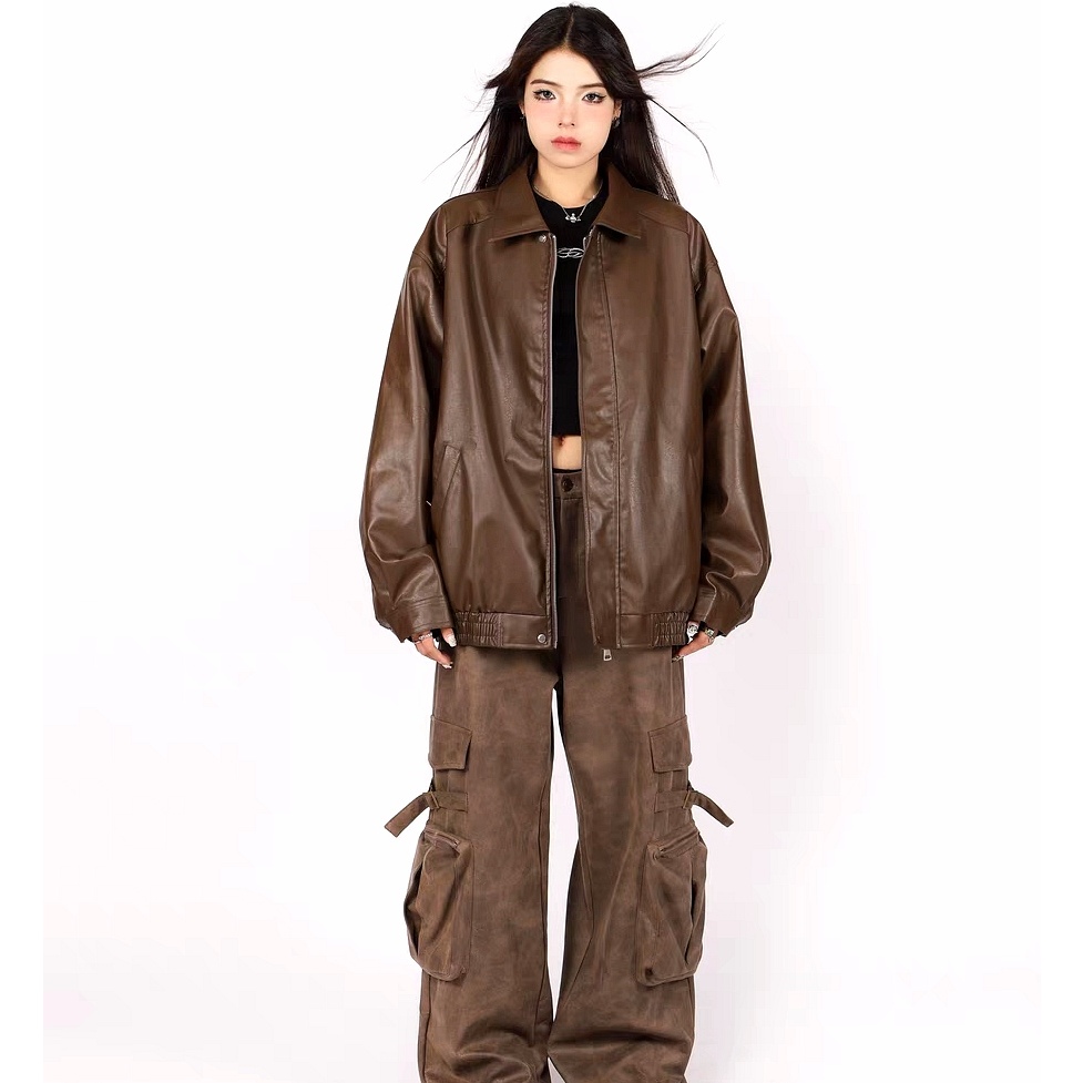 Áo Khoác Da Tay Dài Màu Trơn Phong Cách Hồng Kông Thời Trang Xuân Thu Cho Nam Và Nữ