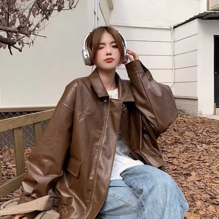 Áo Khoác Da Tay Dài Màu Trơn Phong Cách Hồng Kông Thời Trang Xuân Thu Cho Nam Và Nữ