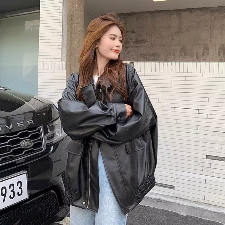 Áo Khoác Da Tay Dài Màu Trơn Phong Cách Hồng Kông Thời Trang Xuân Thu Cho Nam Và Nữ