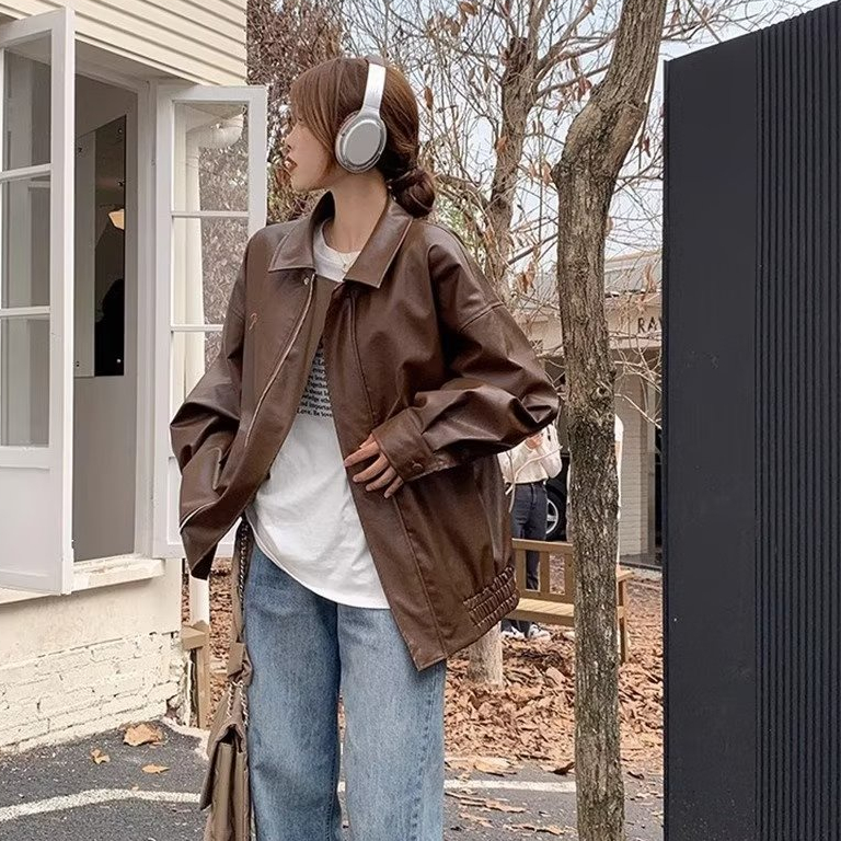 Áo Khoác Da Tay Dài Màu Trơn Phong Cách Hồng Kông Thời Trang Xuân Thu Cho Nam Và Nữ