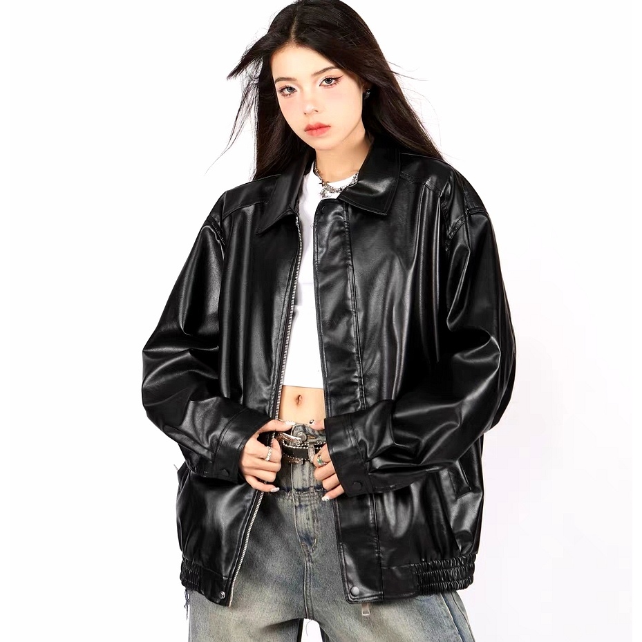 Áo Khoác Da Tay Dài Màu Trơn Phong Cách Hồng Kông Thời Trang Xuân Thu Cho Nam Và Nữ